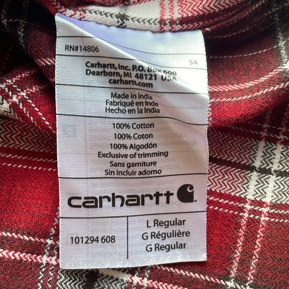 Carhartt Men’s L Long Sleeve Red, White, and Black Flannel Shirt - Picture 5 of 6